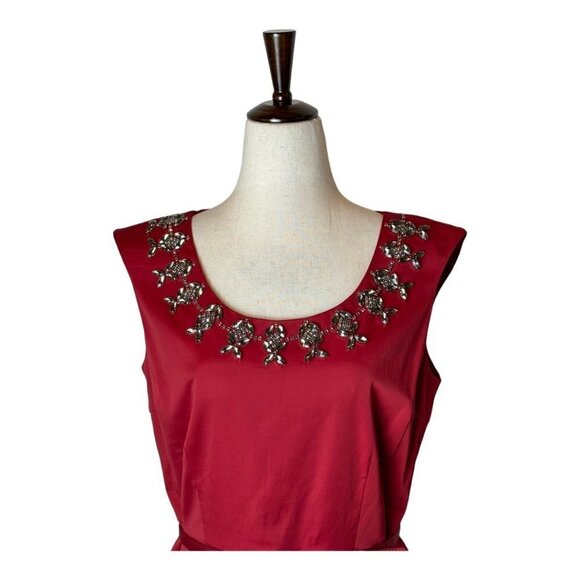 Talbots Red Satin Jeweled Neckline Belted Box Pleated Fit And Flare Dress 6 NWT - Picture 3 of 12